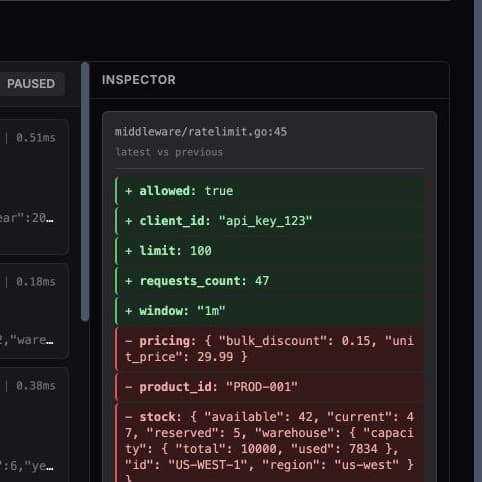 Tracekit Code Monitoring showing a live production variable diff without pausing the application.