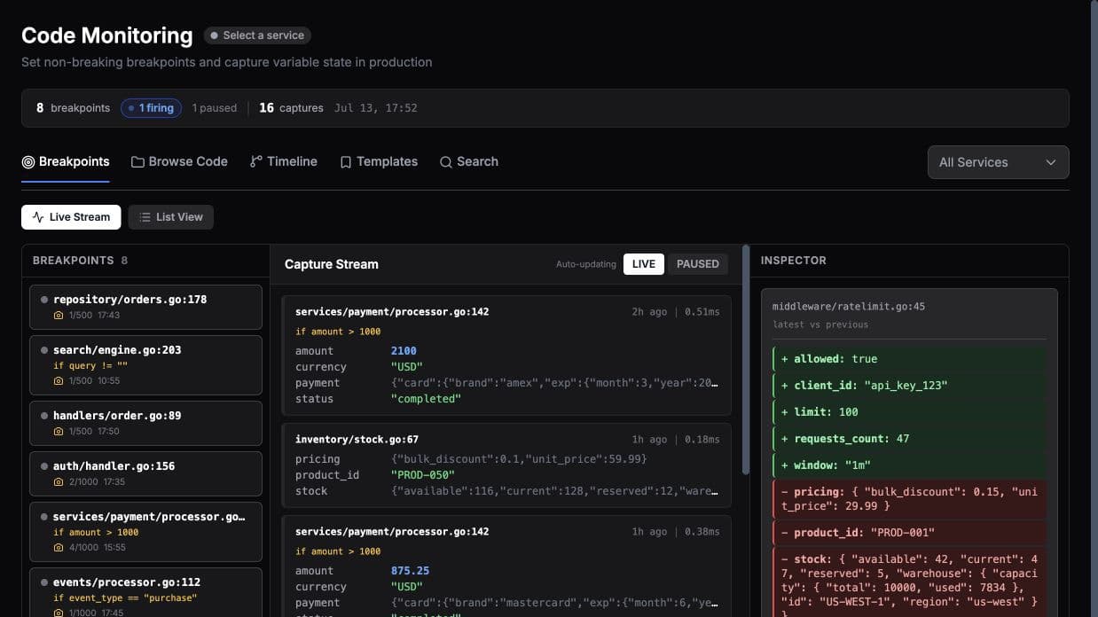 Tracekit Code Monitoring showing live production variables and an inspector diff without pausing the application.